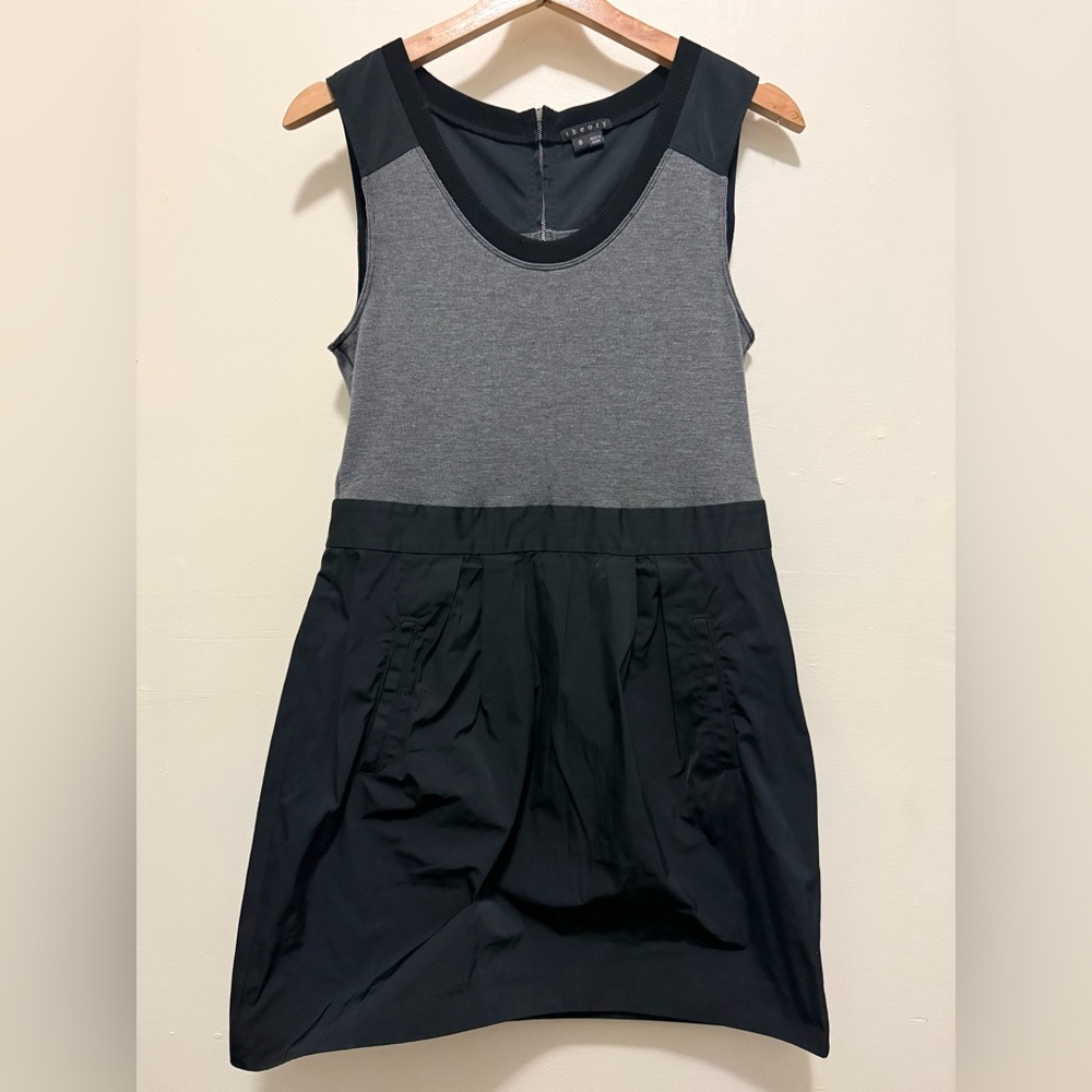 Theory Dristi Black Gray Sleeveless Dress Wool Blend Top Taffeta Bottom  Sz 8 - Picture 2 of 8
